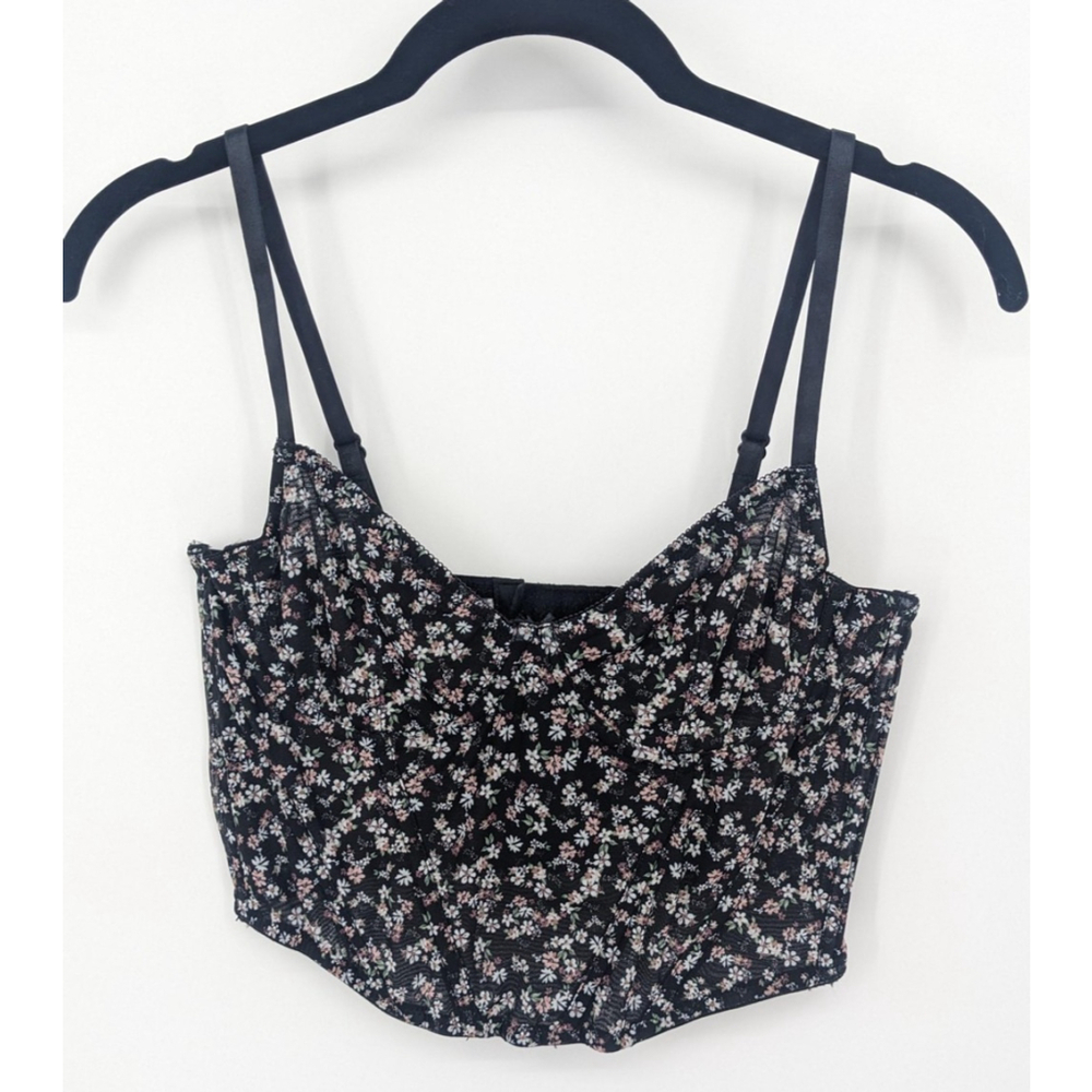 Francesca's Corset Top Womens Small Black Floral Lace‎ Bustier Crop Adjustable